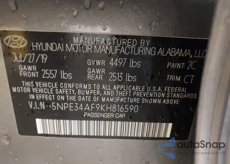 2019 Hyundai Sonata Sport z USA, uszkodzony, nr VIN 5NPE34AF9KH816590